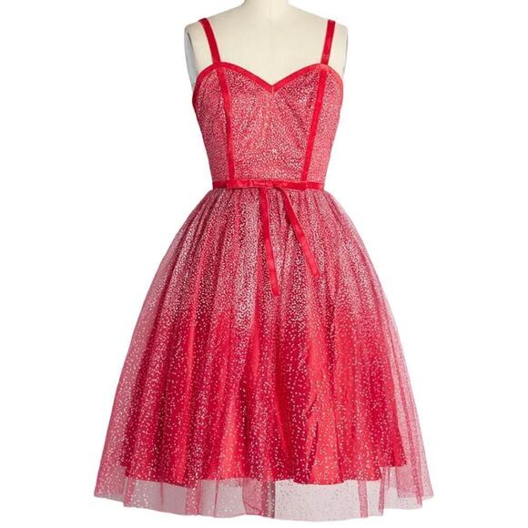 ModCloth Collectif Haute Holiday Party Swing Dress Size 6 Pink Tulle Glitter NEW - Picture 1 of 13